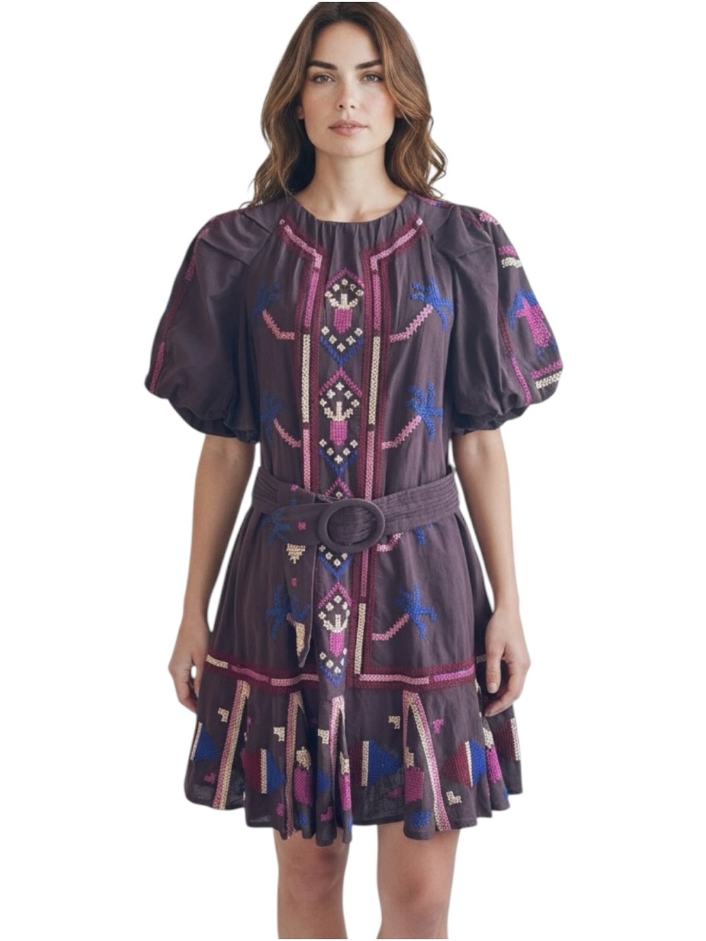 Farm Rio Tropical Splendor Embroidered Mini Dress Brown Puff Sleeve Size S